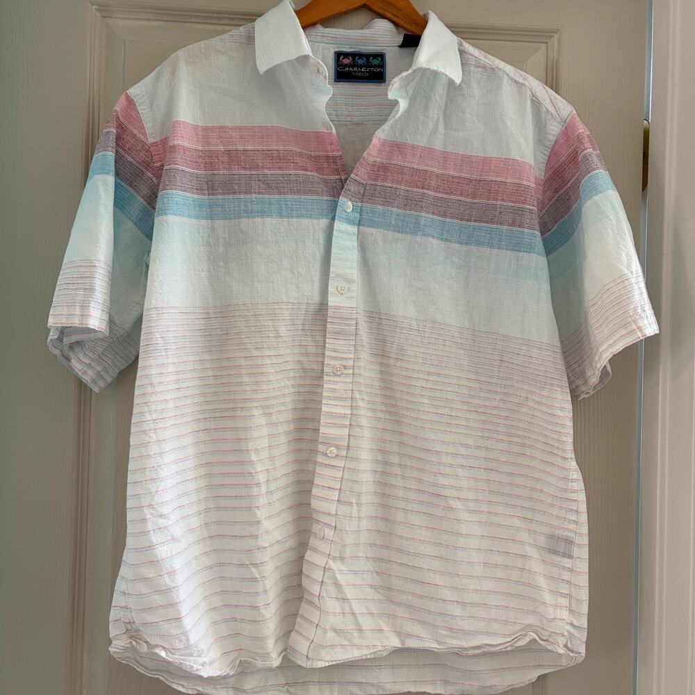 Charleston Threads Men’s Short Sleeve Cotton Striped Button Down Shirt XL